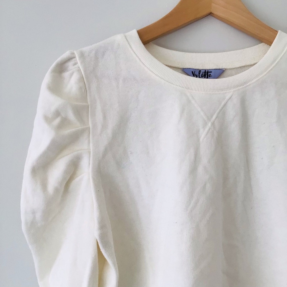 🤍🌾(Vylette) Crew Neck Puff Sleeve Ivory Cotton Blend Cropped Sweatshirt